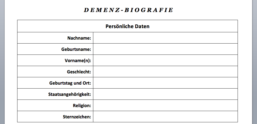 Vorlage-Download: DEMENZ - Biografiebogen (Word) | CONVICTORIUS