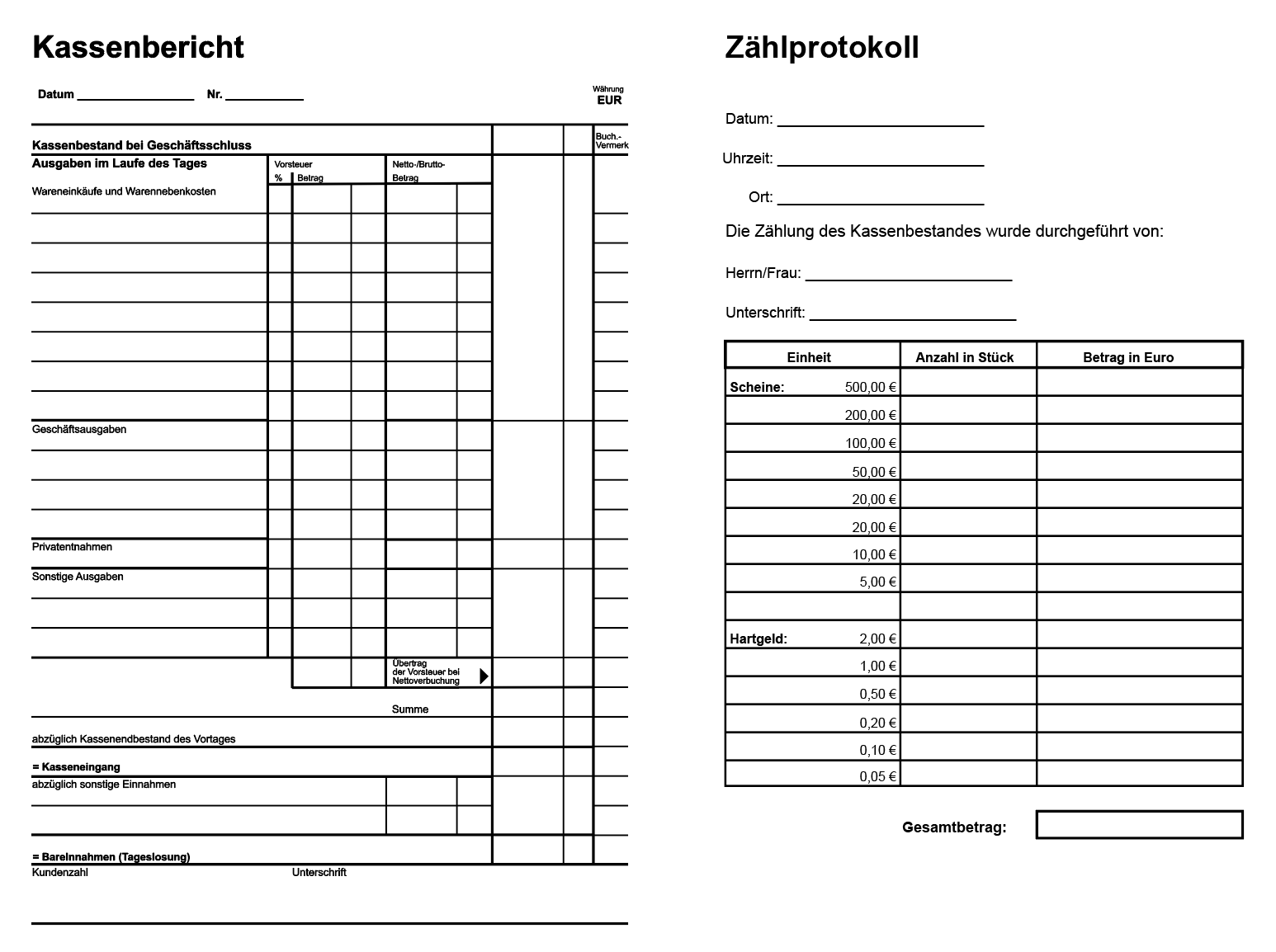 Kassenbericht und Zählprotokoll PDF